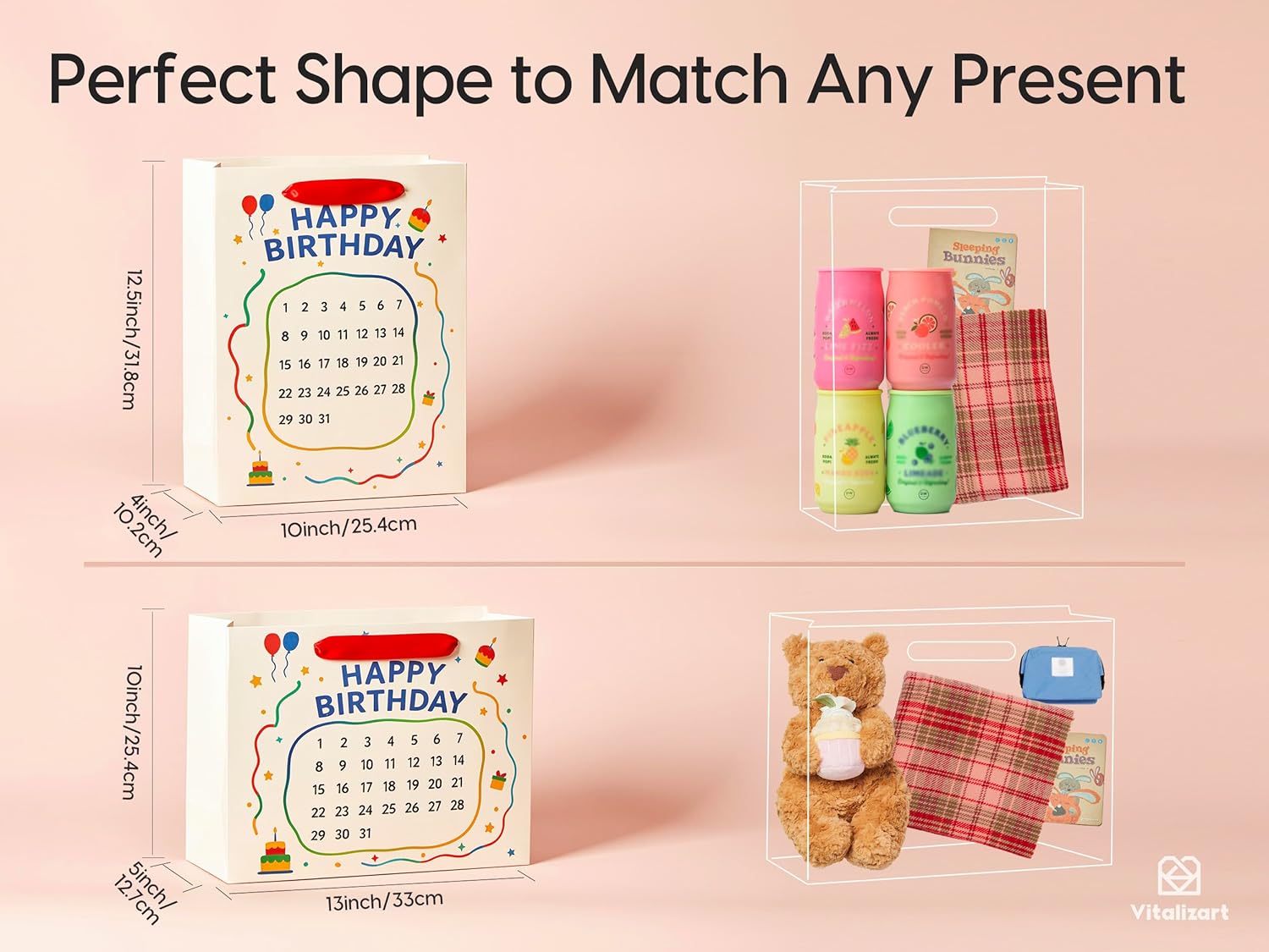 Vitalizart Birthday Paper Gift Bags w/ Ribbon Handles – Set of 2, （White, Kids Party Favors）