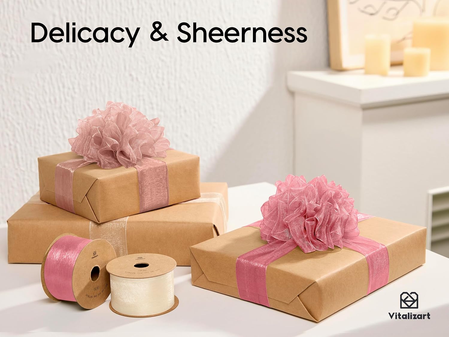 Organza Sheer Ribbon 1.5" x 30 Yd (Pink & Cream) - Vitalizart