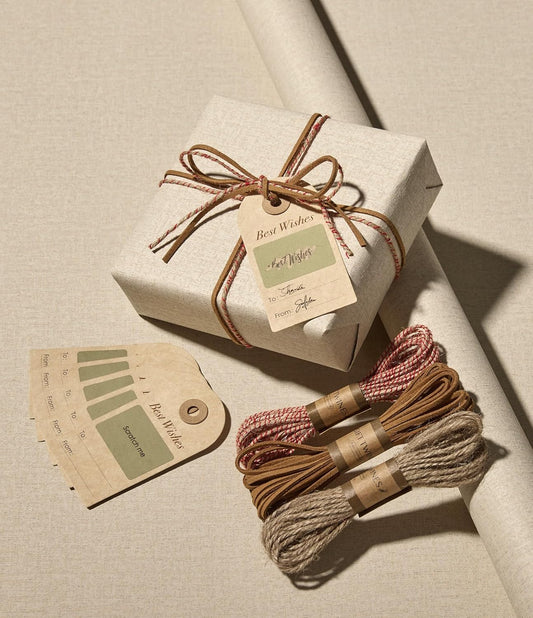 Vitalizart Textured Wrapping Paper Set 30" Roll Twine Ribbons & Tags Eco-Friendly Extra Thick(Beige Paper & Twine Ribbons Set)