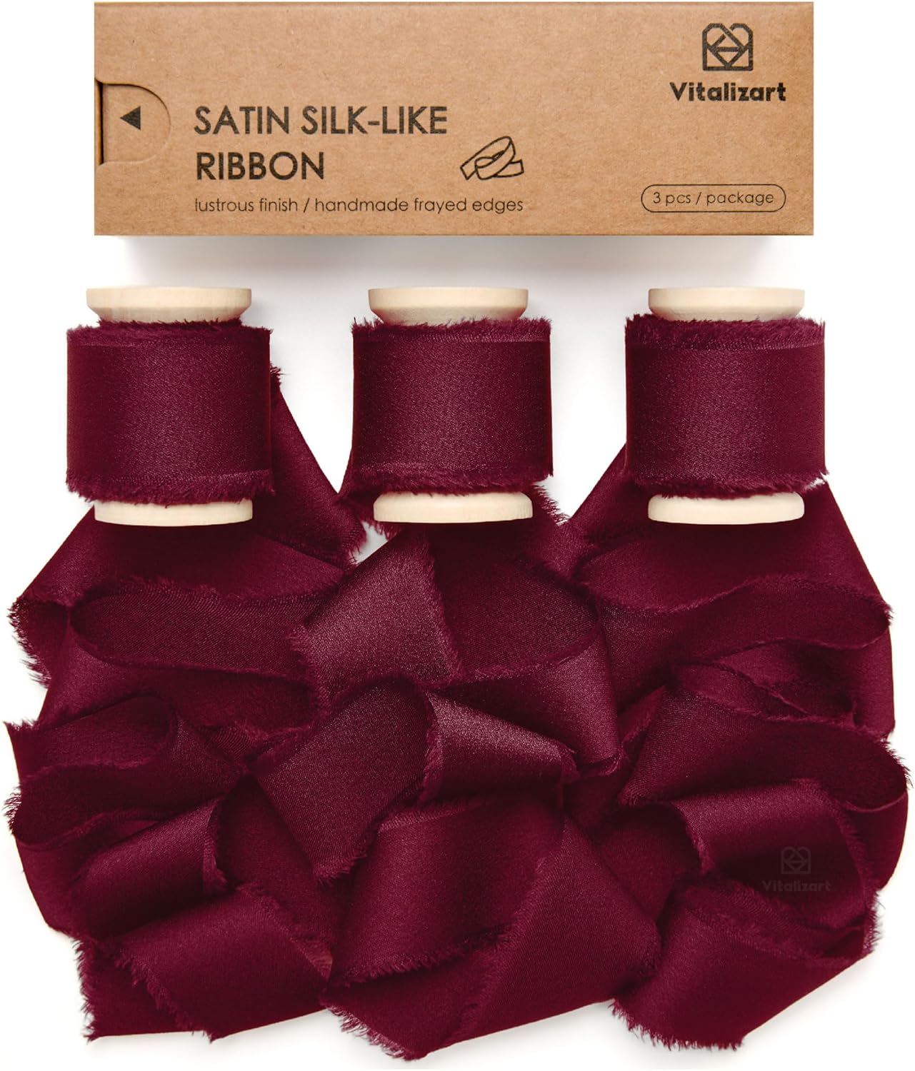 Silk Satin Ribbon with Wooden Spool 1.5" x 15 Yd (Burgundy Red) - Vitalizart