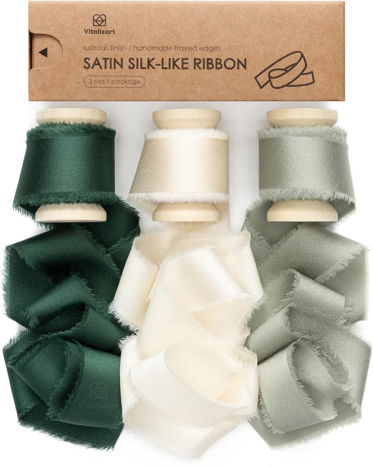 Silk Satin Ribbon With Wooden Spool 1" x 15 Yd (Green & Cream) - Vitalizart