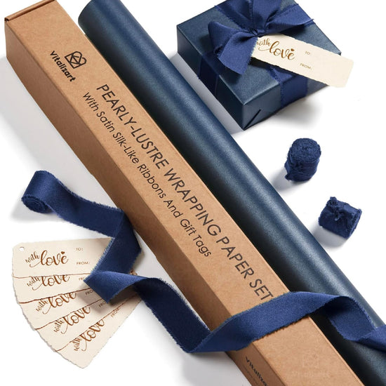 Wrapping Paper Set 30"x197" Pearly - Lustre With Silk Like Satin Ribbon & Gift Tags (Blue Paper & Blue Ribbons) - Vitalizart