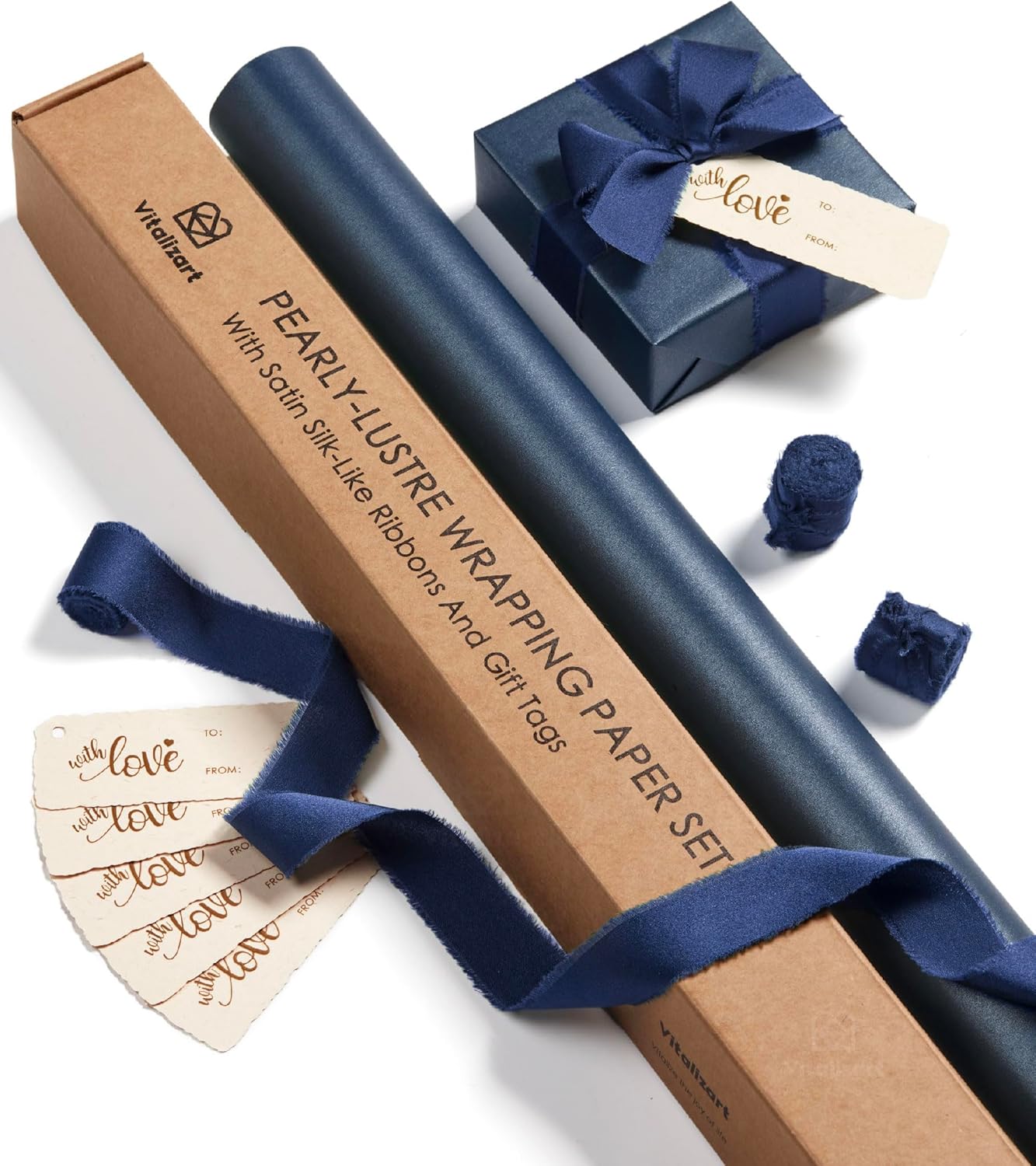 Wrapping Paper Set 30"x197" Pearly - Lustre With Silk Like Satin Ribbon & Gift Tags (Blue Paper & Blue Ribbons) - Vitalizart