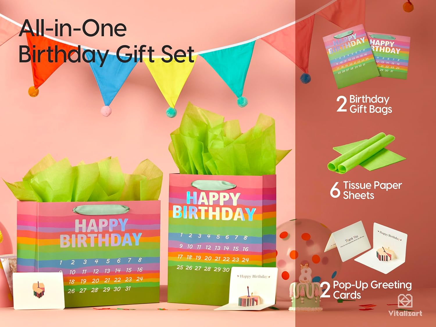 Vitalizart Birthday Paper Gift Bags w/ Ribbon Handles – Set of 2, （Green, Kids Party Favors）