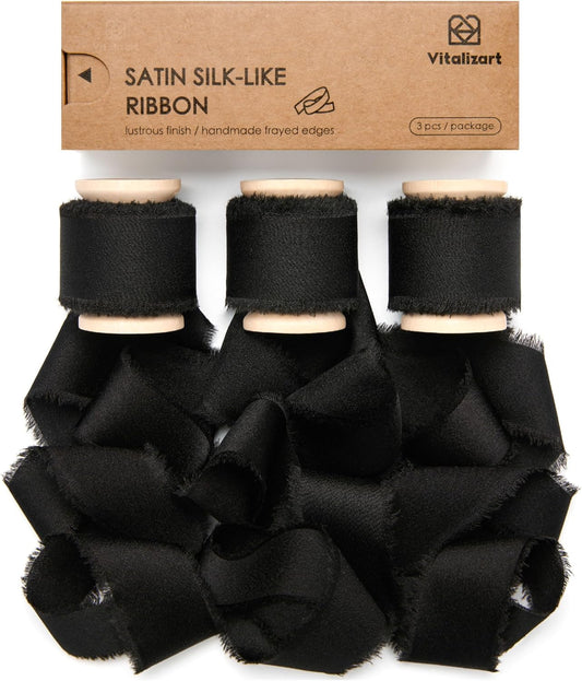 Silk Satin Ribbon with Wooden Spool 1.5” x 15 Yd (Black)