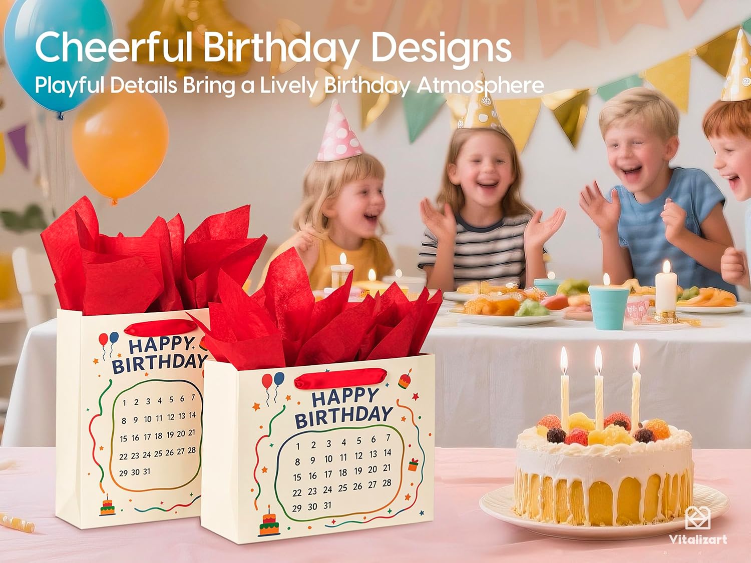 Vitalizart Birthday Paper Gift Bags w/ Ribbon Handles – Set of 2, （White, Kids Party Favors）