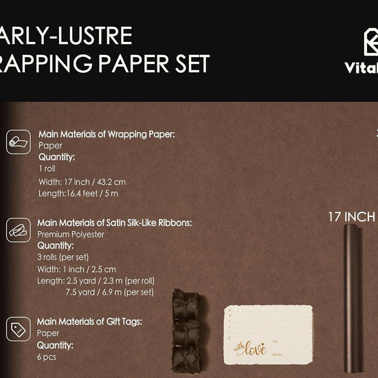 Wrapping Paper Set 17"x197" Pearly-Lustre With Silk Like Satin Ribbon & Gift Tags (Brown Paper & Brown Ribbons) - Vitalizart