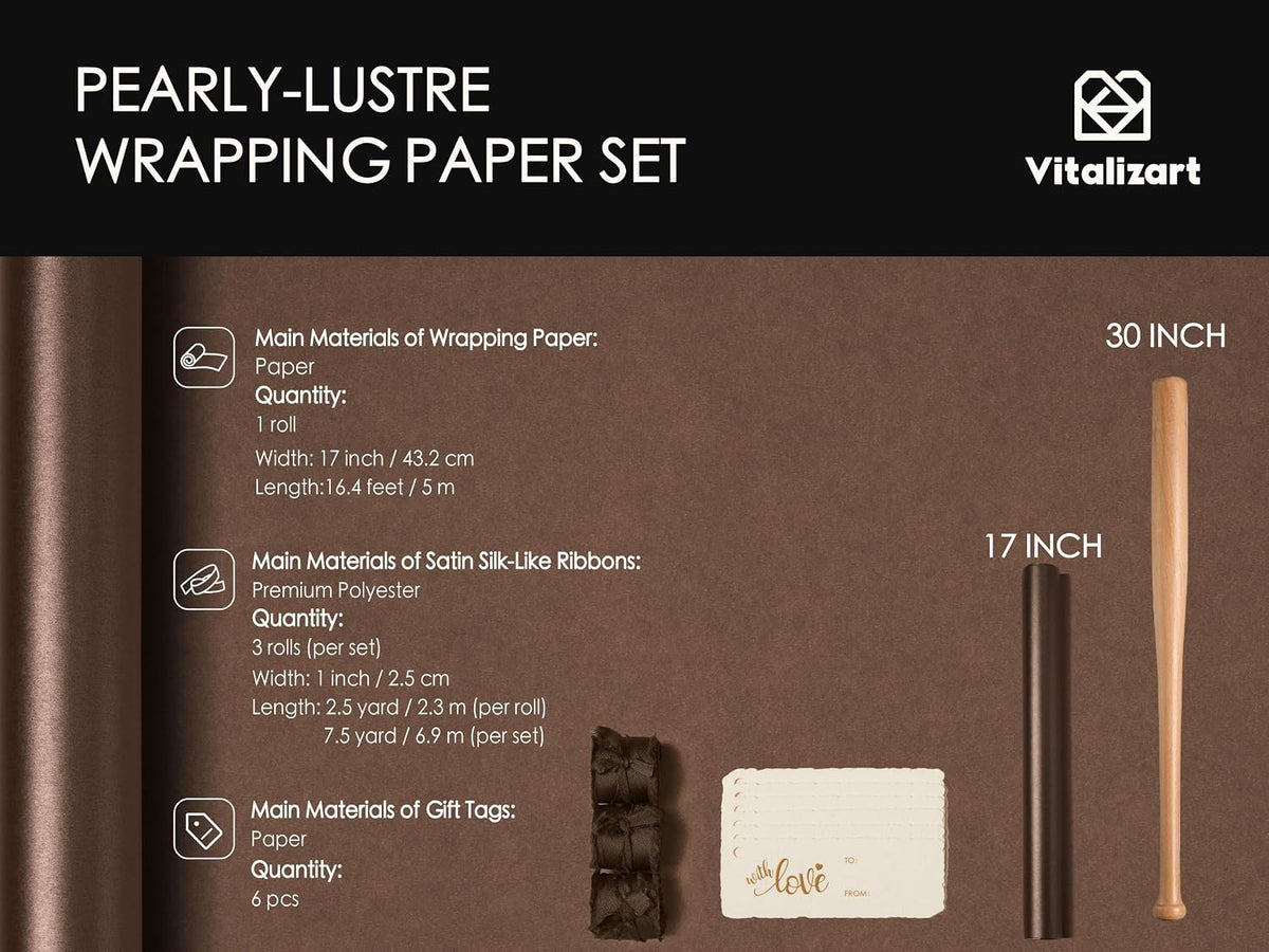 Wrapping Paper Set 17"x197" Pearly-Lustre With Silk Like Satin Ribbon & Gift Tags (Brown Paper & Brown Ribbons) - Vitalizart