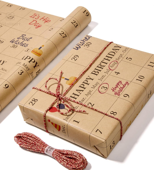 Vitalizart Write-On Calendar Birthday Wrapping Paper Set 17" With 5-Yard Twine Recyclable Customizable Gift Wrap