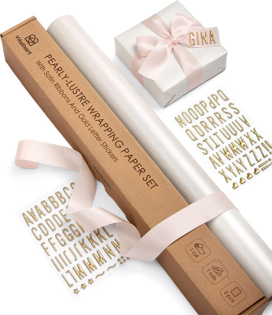 Vitalizart Pearlescent Holographic Wrapping Paper Set with Silky Satin Ribbon – White Paper & White RIbbons - Vitalizart