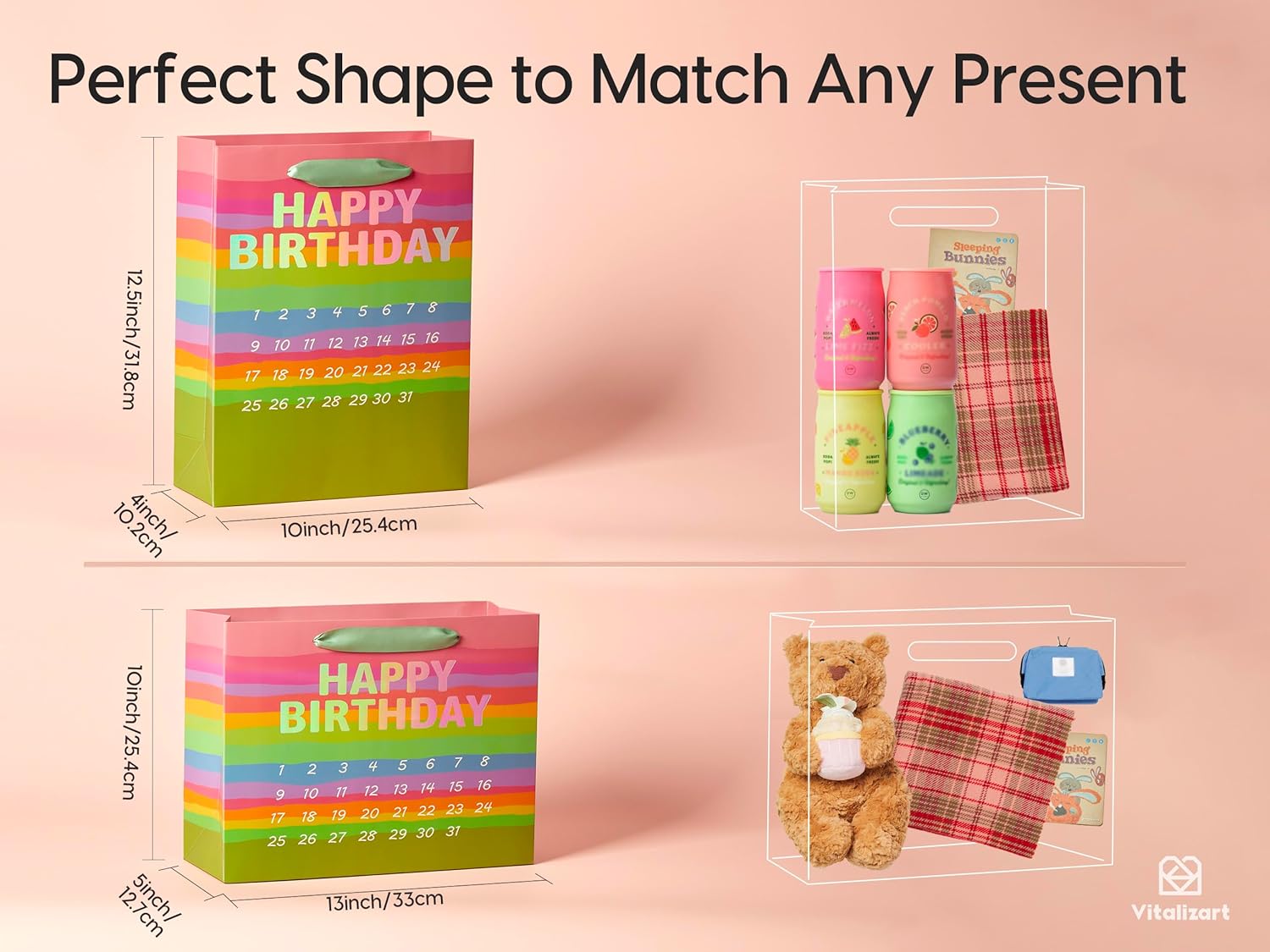 Vitalizart Birthday Paper Gift Bags w/ Ribbon Handles – Set of 2, （Green, Kids Party Favors）