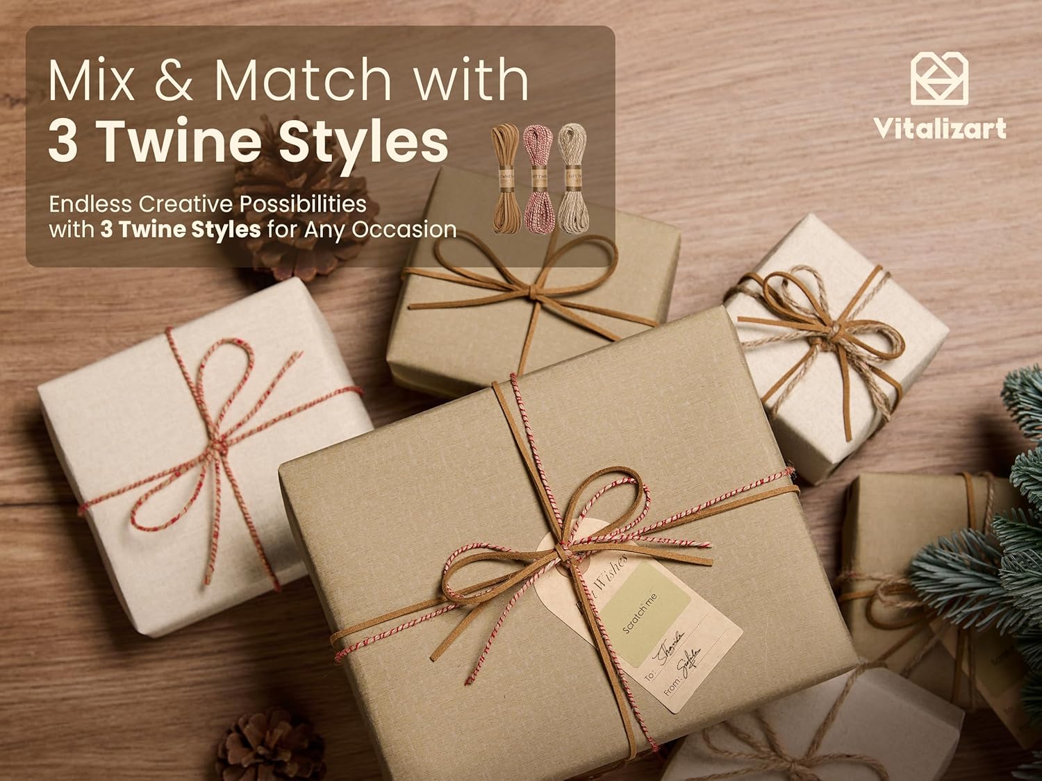 Vitalizart Textured Wrapping Paper Set 30" Roll Twine Ribbons & Tags Eco - Friendly Extra Thick(Beige Brown Paper & Twine Ribbons Set) - Vitalizart