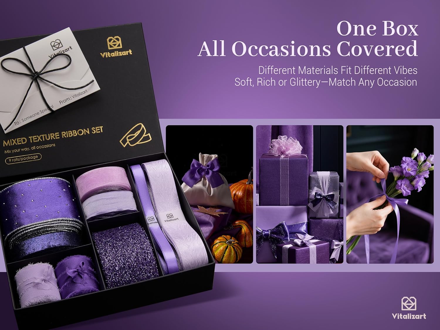 Vitalizart Luxury Purple Ribbon Set – 40 Yards(9 Textures)9 Purple Ribbons 40Yd