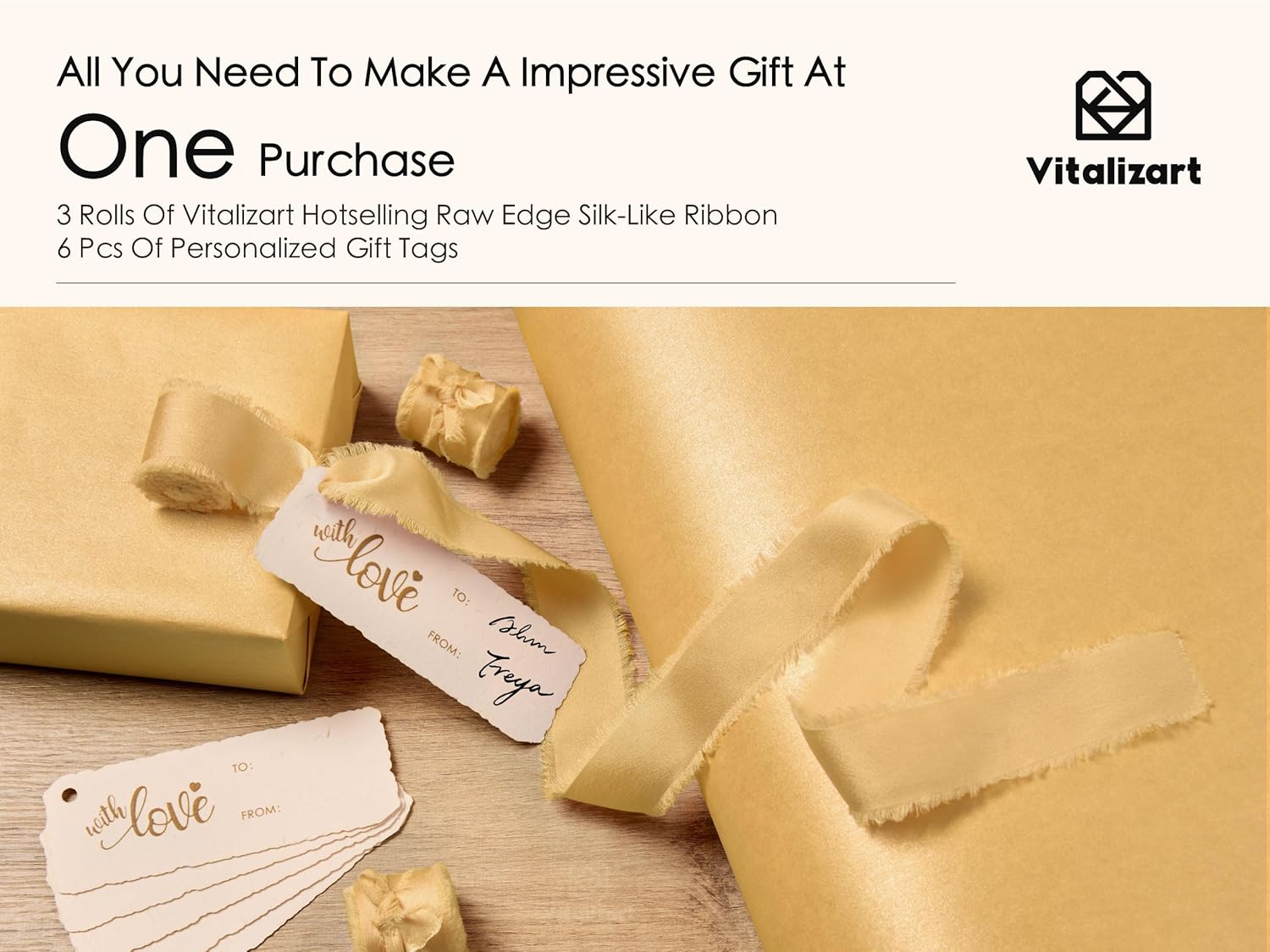 Wrapping Paper Set 30"x197" Pearly - Lustre With Silk Like Satin Ribbon & Gift Tags (Gold Paper & Gold Ribbons) - Vitalizart