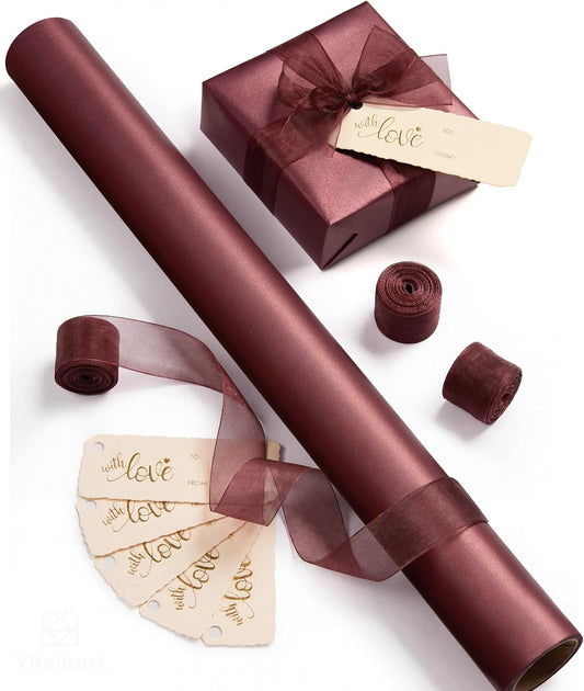 Vitalizart Pearly Wrapping Paper Set 17" × 197" w/ Satin Ribbon & Tags – Burgundy Red - Vitalizart