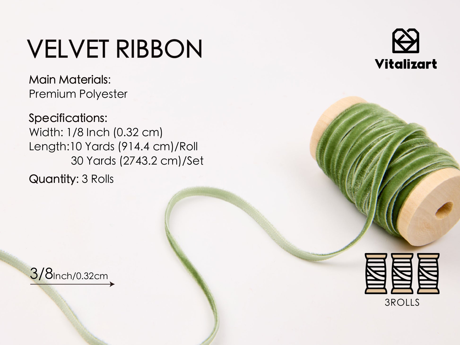 Thin Velvet Ribbon 1/8" x 30 Yard Christmas Decoration Tree Ornaments (Sage Green) - Vitalizart