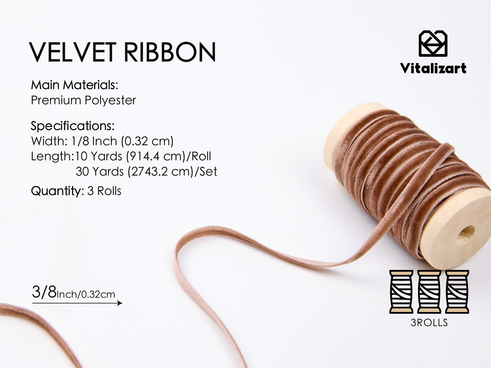 Thin Velvet Ribbon 1/8" x 30 Yard Christmas Decoration Tree Ornaments (Khaki) - Vitalizart