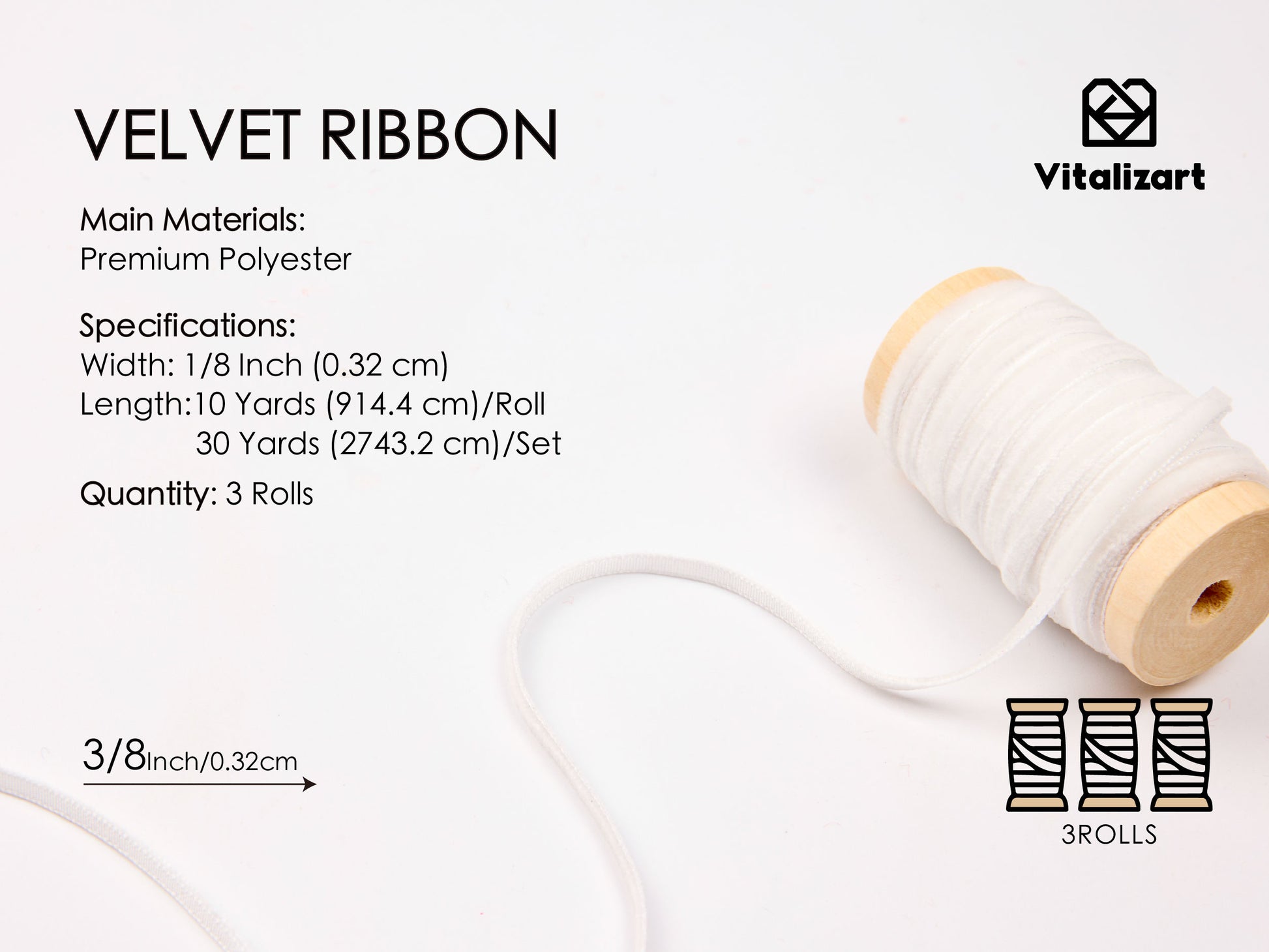 Thin Velvet Ribbon 1/8" x 30 Yard Christmas Decoration Tree Ornaments (Ivory White) - Vitalizart