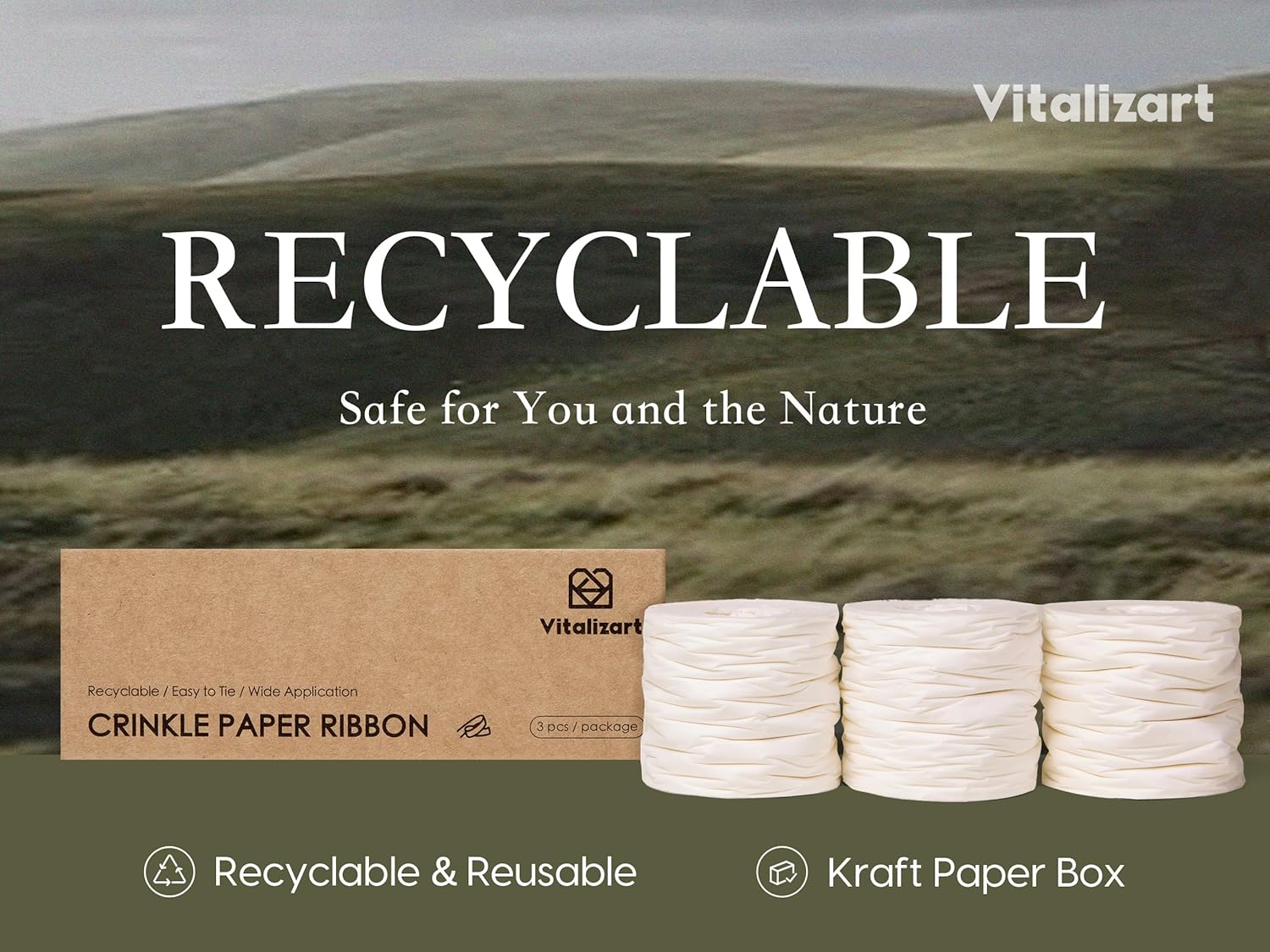 Vitalizart Crinkle Paper Ribbon 1.5" x 75 Yards, Reusable Recyclable Easy Tear(WHITE) - Vitalizart
