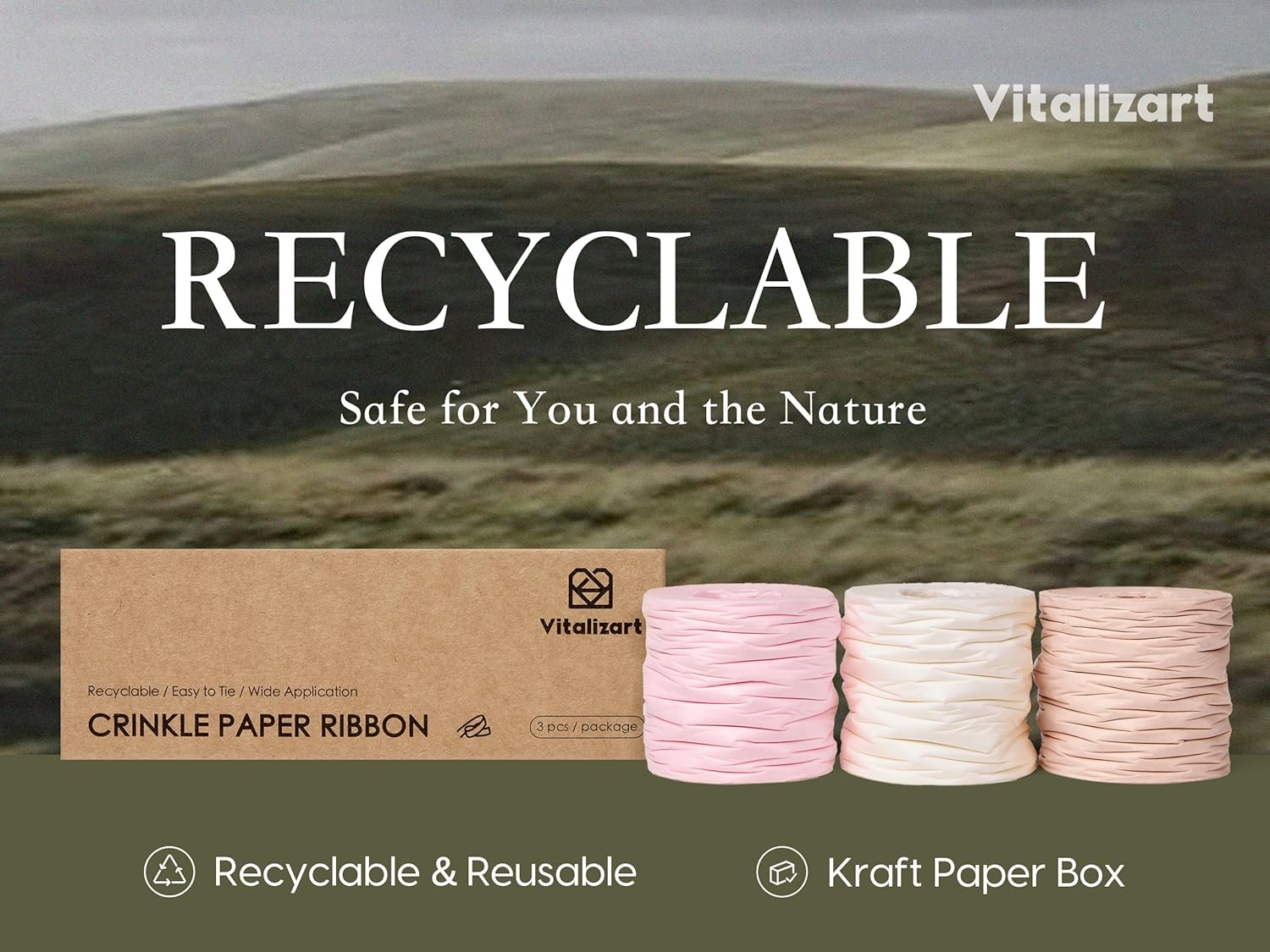 Vitalizart Crinkle Paper Ribbon 1.5" x 75 Yards, Reusable Recyclable Easy Tear (Pink Nude & White) - Vitalizart