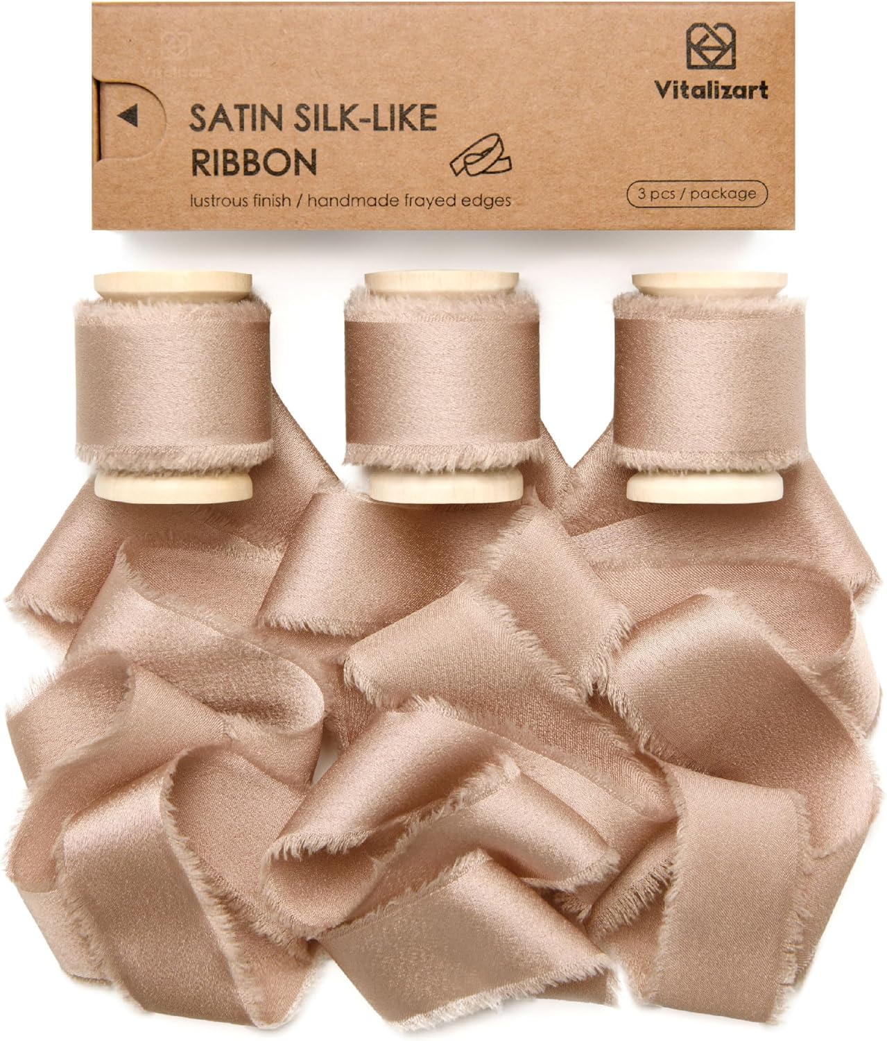 Silk Satin Ribbon with Wooden Spool 1.5” x 15 Yd (Champagne) - Vitalizart