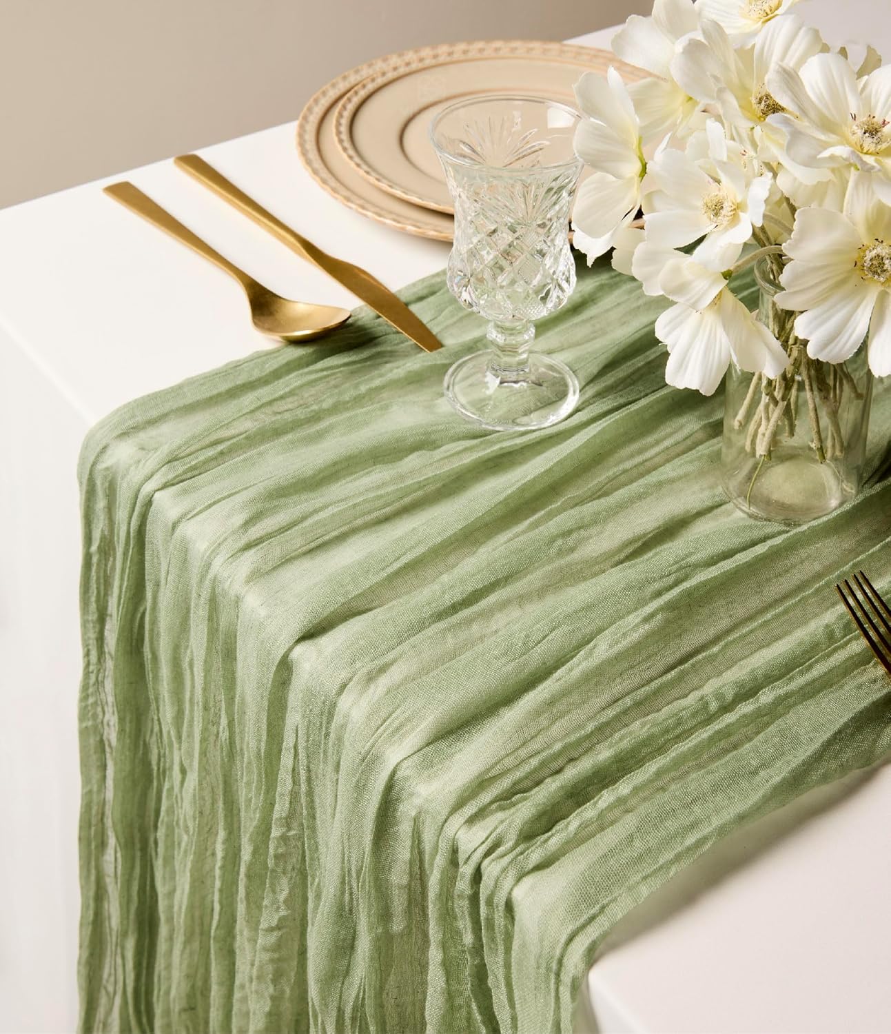 Cheesecloth Table Runner Gauze Boho Rustic 35 x 120 Inches (Sage Green) - Vitalizart