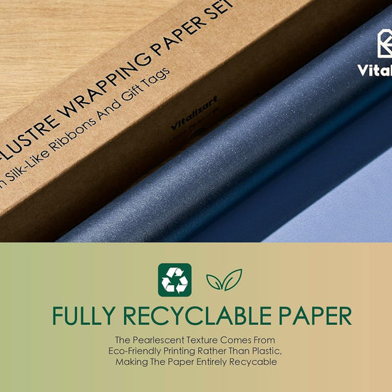 Wrapping Paper Set 30"x197" Pearly - Lustre With Silk Like Satin Ribbon & Gift Tags (Blue Paper & Blue Ribbons) - Vitalizart