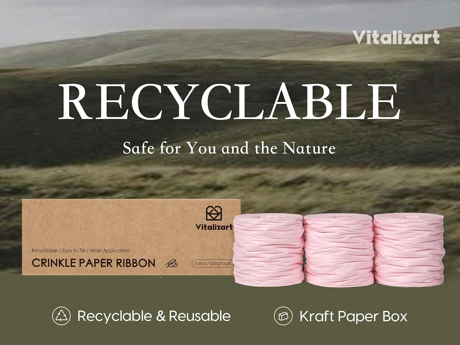 Vitalizart Crinkle Paper Ribbon 1.5" x 75 Yards, Reusable Recyclable Easy Tear(PINK) - Vitalizart
