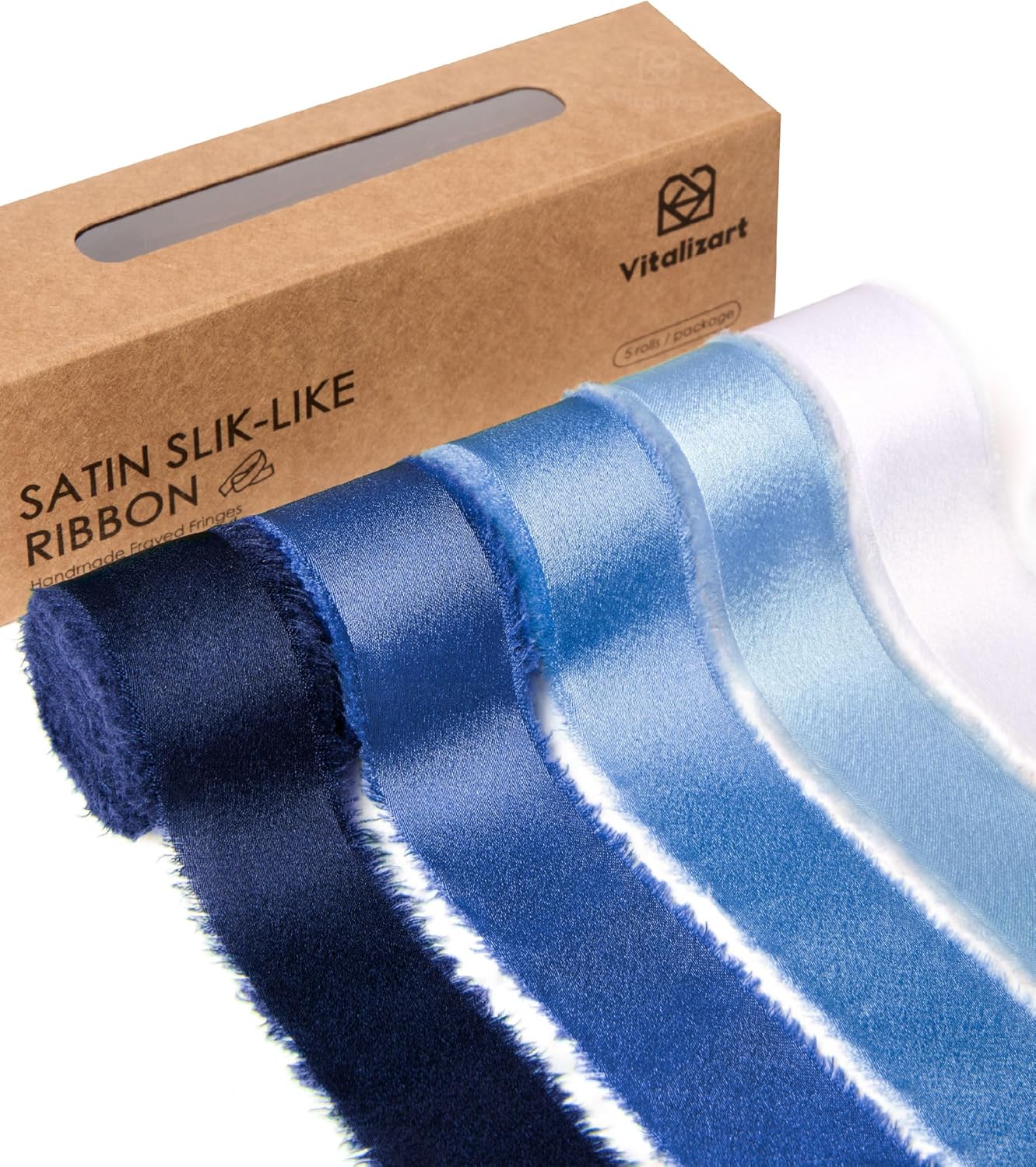 FRAYED FRINGE SILK SATIN RIBBON 1" X 25 YARD (Blue & White) - Vitalizart