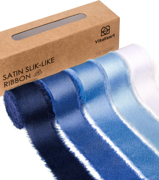 FRAYED FRINGE SILK SATIN RIBBON 1" X 25 YARD (Blue & White)