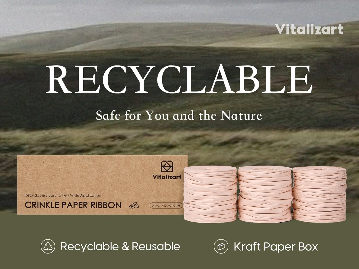 Vitalizart Crinkle Paper Ribbon 1.5" x 75 Yards, Reusable Recyclable Easy Tear(NUDE) - Vitalizart