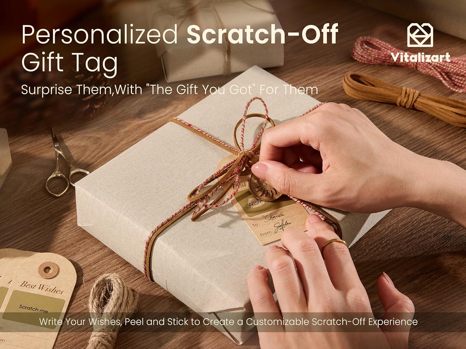 Vitalizart Textured Wrapping Paper Set 30" Roll Twine Ribbons & Tags Eco - Friendly Extra Thick(Beige Paper & Twine Ribbons Set) - Vitalizart