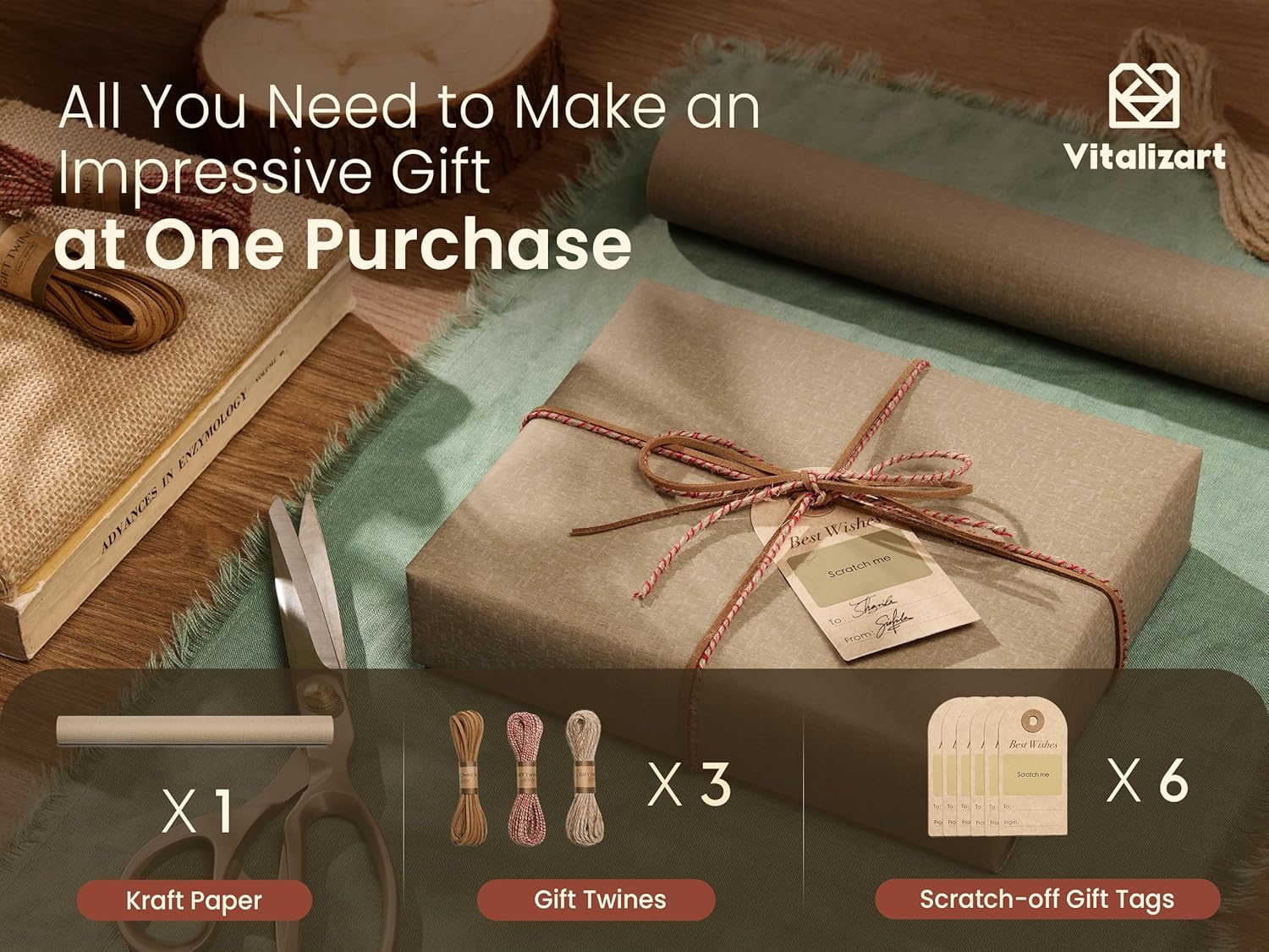 Vitalizart Textured Wrapping Paper Set 30" Roll Twine Ribbons & Tags Eco - Friendly Extra Thick(Beige Brown Paper & Twine Ribbons Set) - Vitalizart