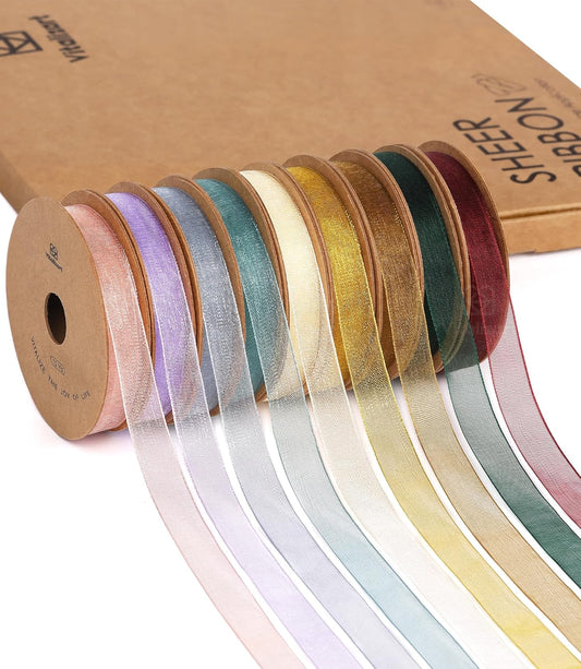Vitalizart Organza Ribbon 3/8" x 30 Yd Cream White Rose Gold & Dusty Green Sheer Ribbons(Mixed 9 Rolls)