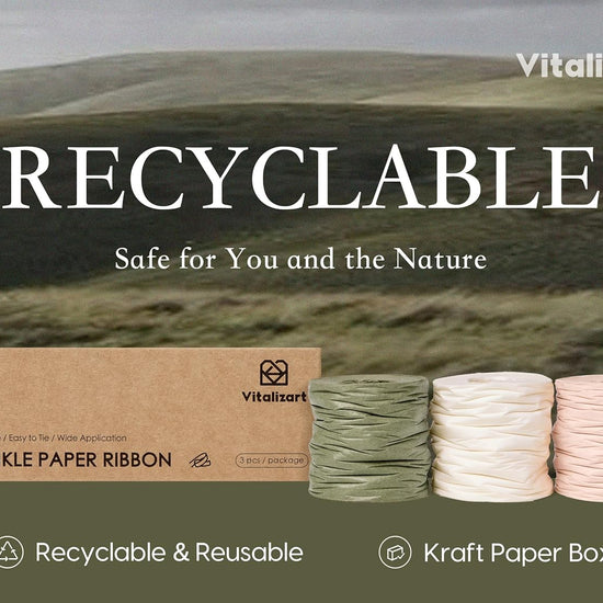 Vitalizart Crinkle Paper Ribbon 1.5" x 75 Yards, Reusable Recyclable Easy Tear (Green Nude & White) - Vitalizart