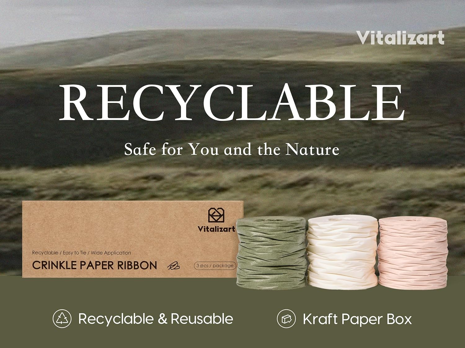 Vitalizart Crinkle Paper Ribbon 1.5" x 75 Yards, Reusable Recyclable Easy Tear (Green Nude & White) - Vitalizart