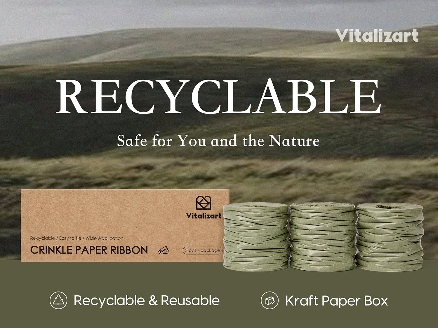 Vitalizart Crinkle Paper Ribbon 1.5" x 75 Yards, Reusable Recyclable Easy Tear(GREEN) - Vitalizart