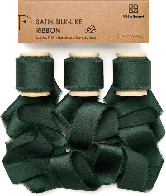 Silk Satin Ribbon With Wooden Spool 1" x 15 Yd (Dark Green)