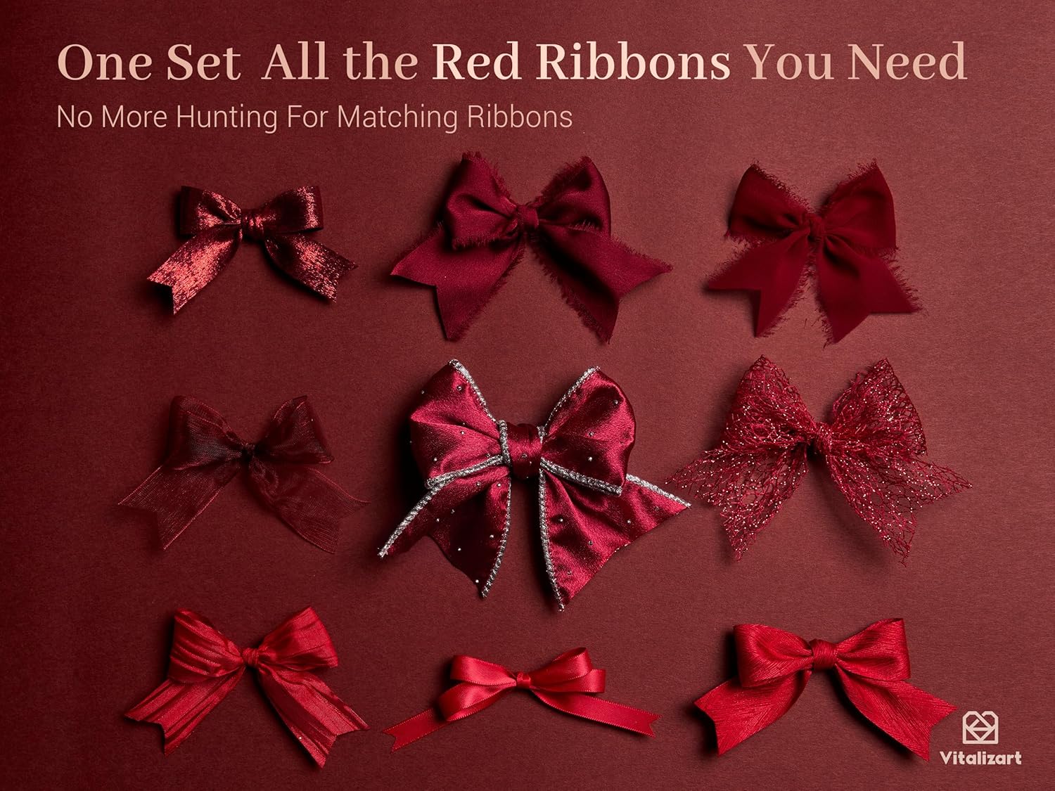 Vitalizart Luxury Purple Ribbon Set – 40 Yards(9 Textures)9 Red Ribbons 40Yd