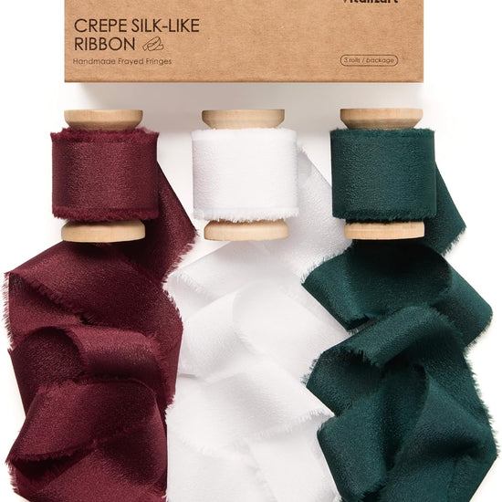 Frayed Fringe Crepe Silk Satin Ribbon 1" x 21 Yard (Red Green White) - Vitalizart