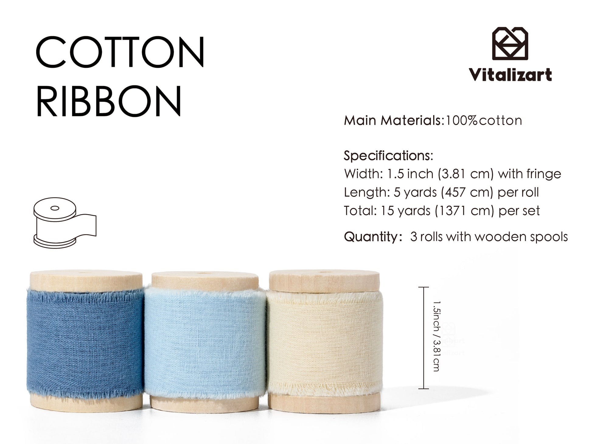Cotton Ribbon Handmade Fringe 1.5" x 15 Yd (Blue & Cream) - Vitalizart