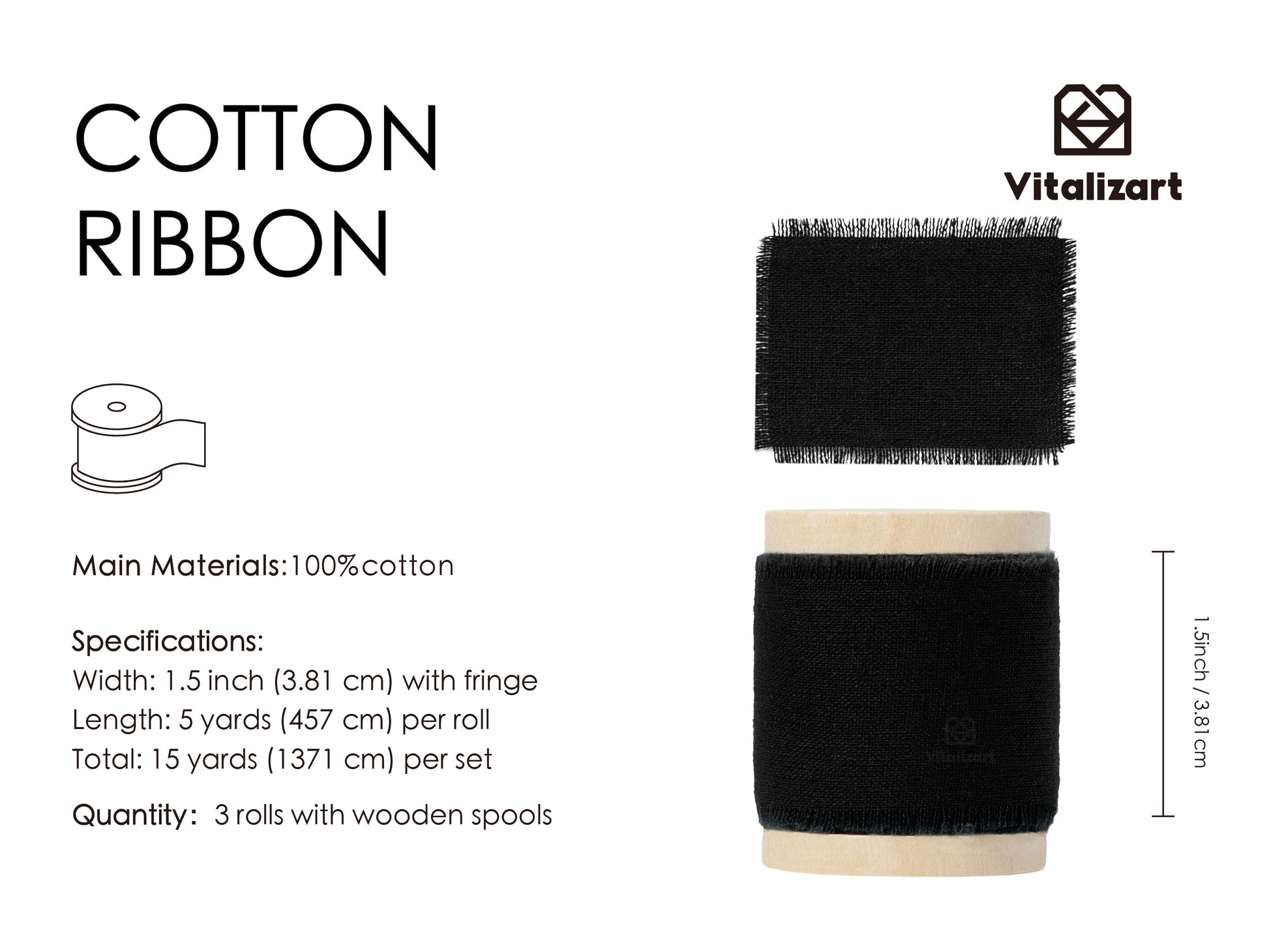 Cotton Ribbon Handmade Fringe 1.5" x 15 Yd (Black) - Vitalizart