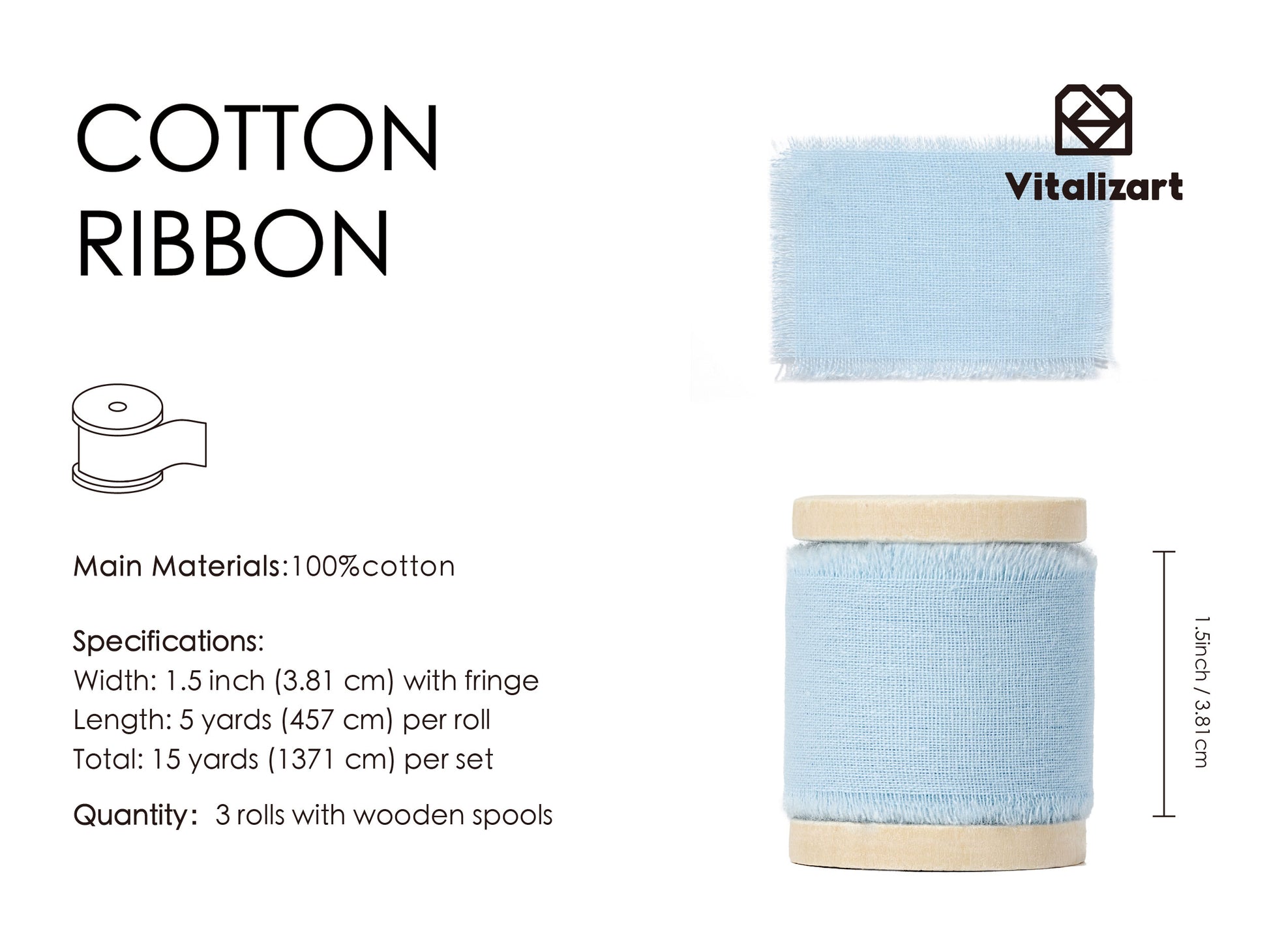 Cotton Ribbon Handmade Fringe 1.5" x 15 Yd (Baby Blue) - Vitalizart