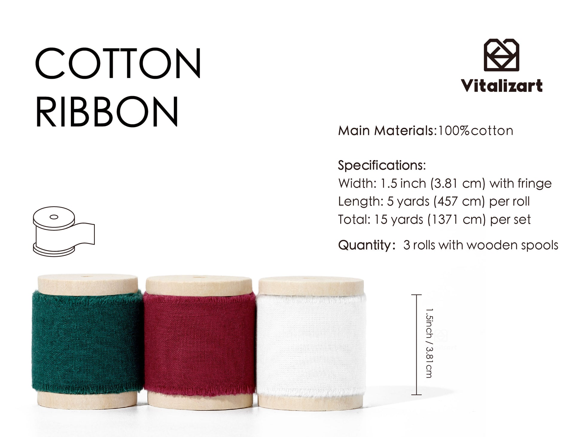 Cotton Ribbon Handmade Fringe 1.5" x 15 Yd (White Red Green) - Vitalizart