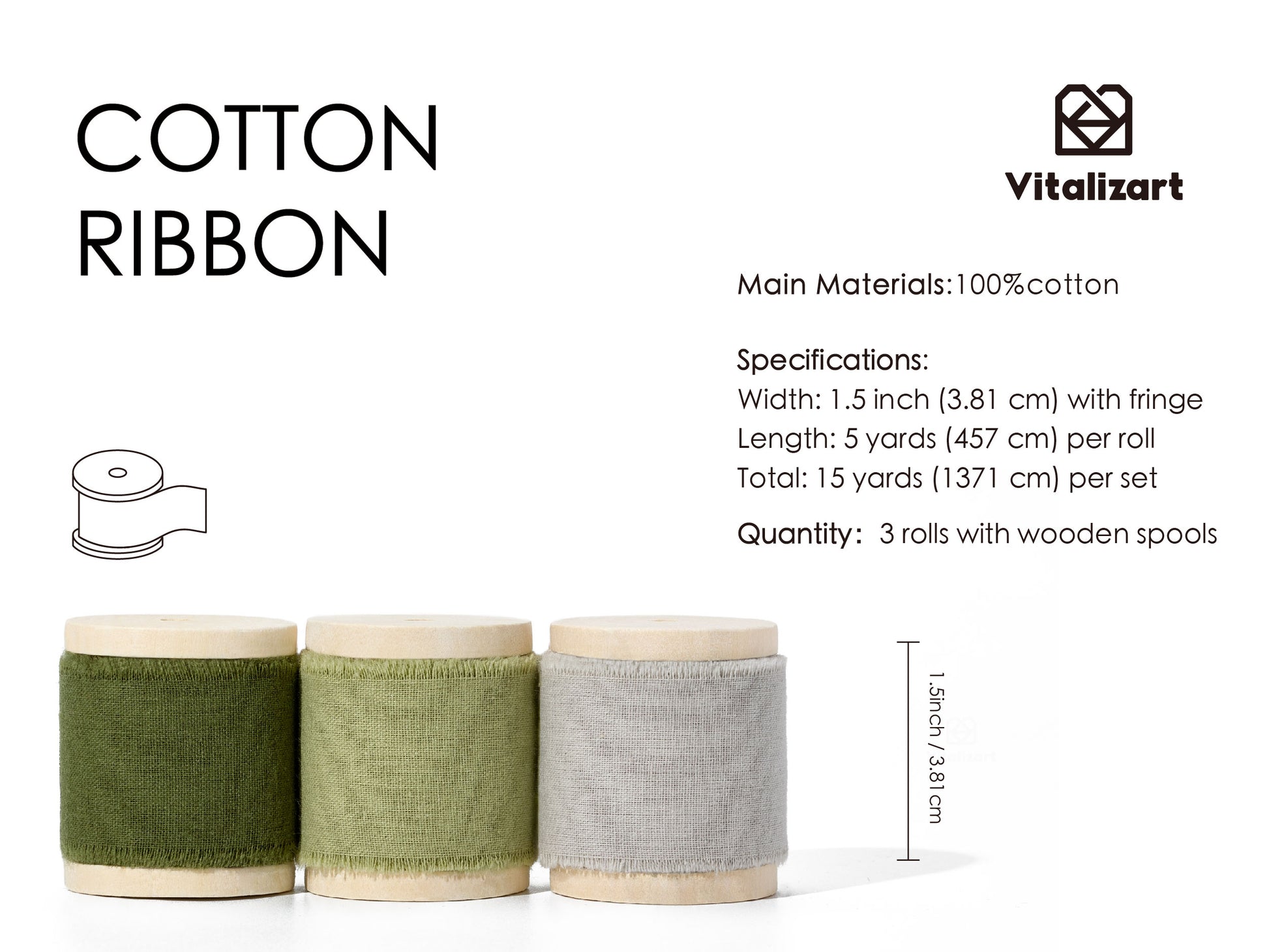Cotton Ribbon Handmade Fringe 1.5" x 15 Yd (Green & Incanus) - Vitalizart