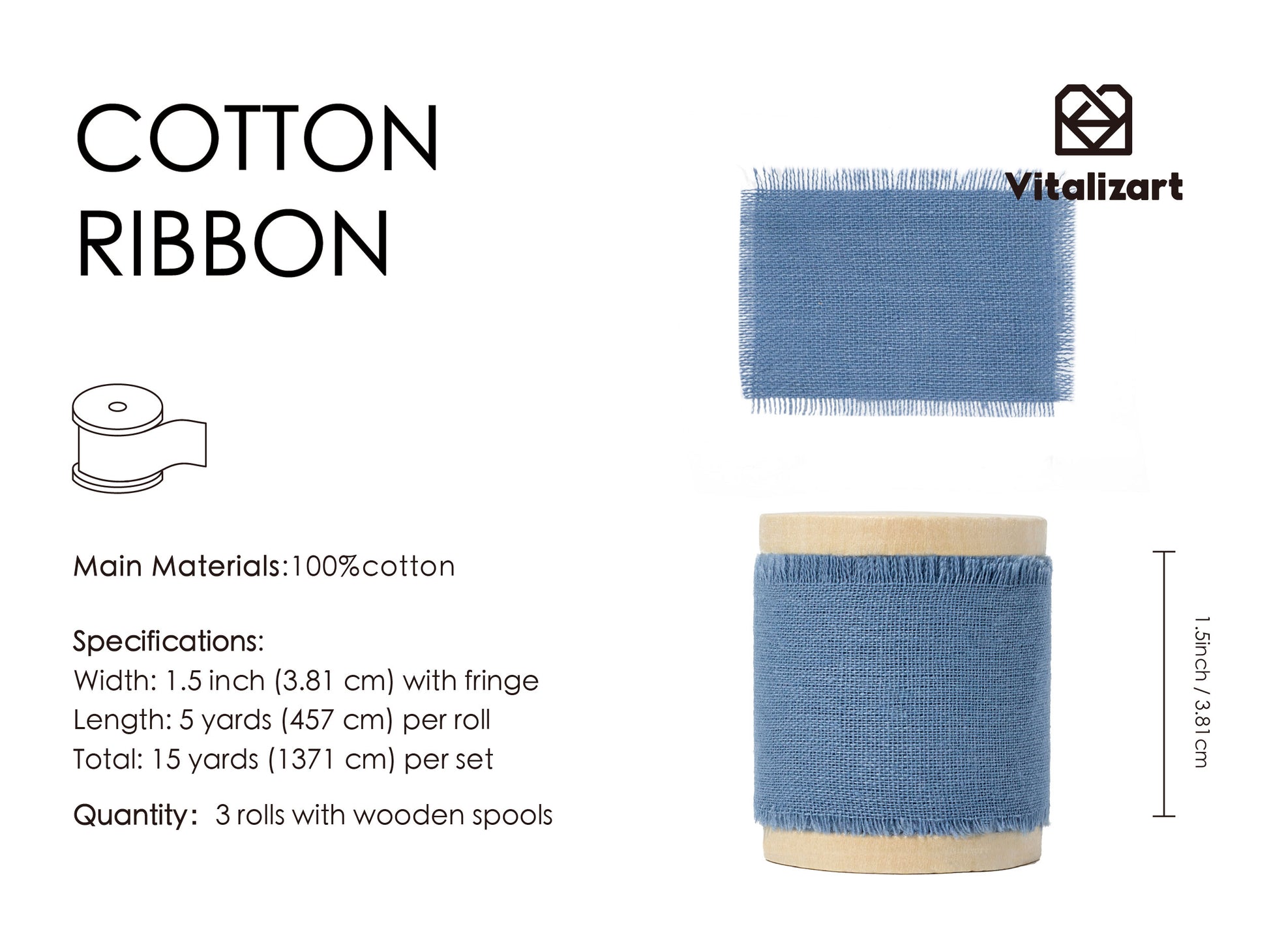 Cotton Ribbon Handmade Fringe 1.5" x 15 Yd (Dusty Blue) - Vitalizart