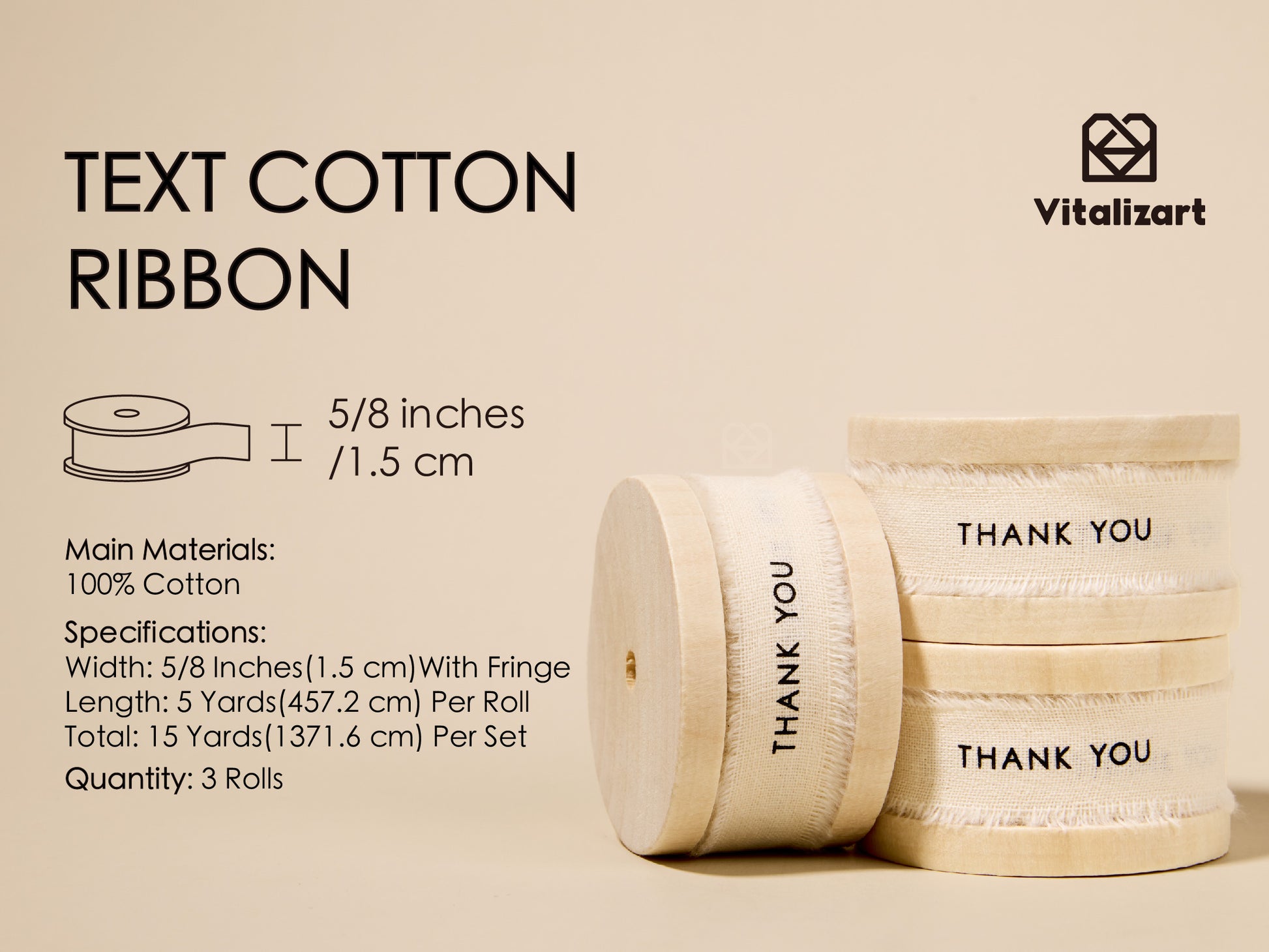 Custom Cotton Ribbon 5/8" x 15 Yd (THANK YOU) - Vitalizart