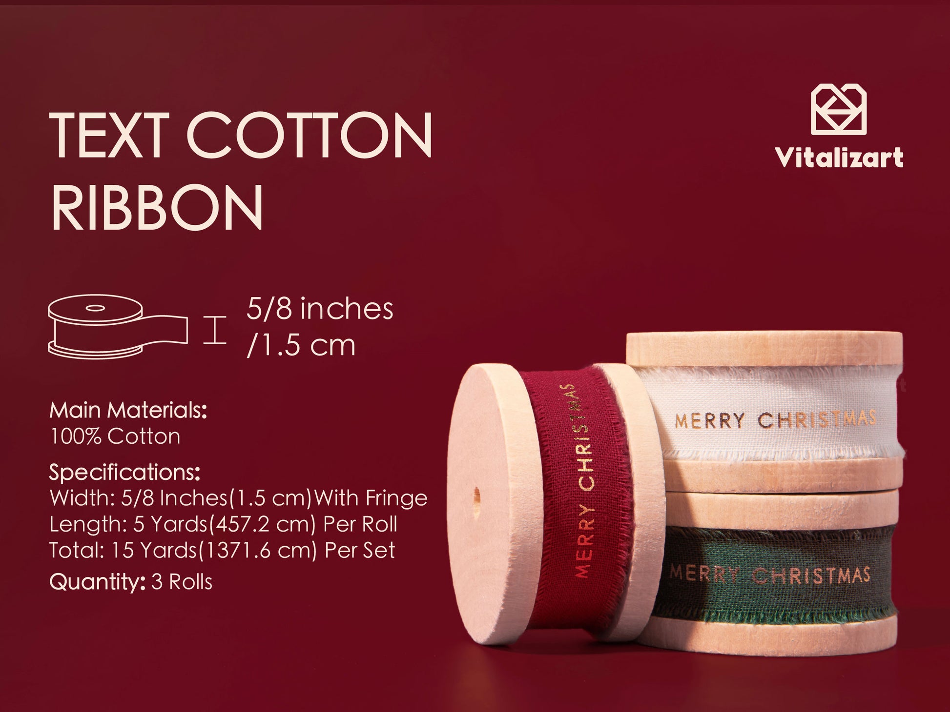 Custom Cotton Ribbon 5/8" x 15 Yd (Merry Christmas Mixed Color) - Vitalizart