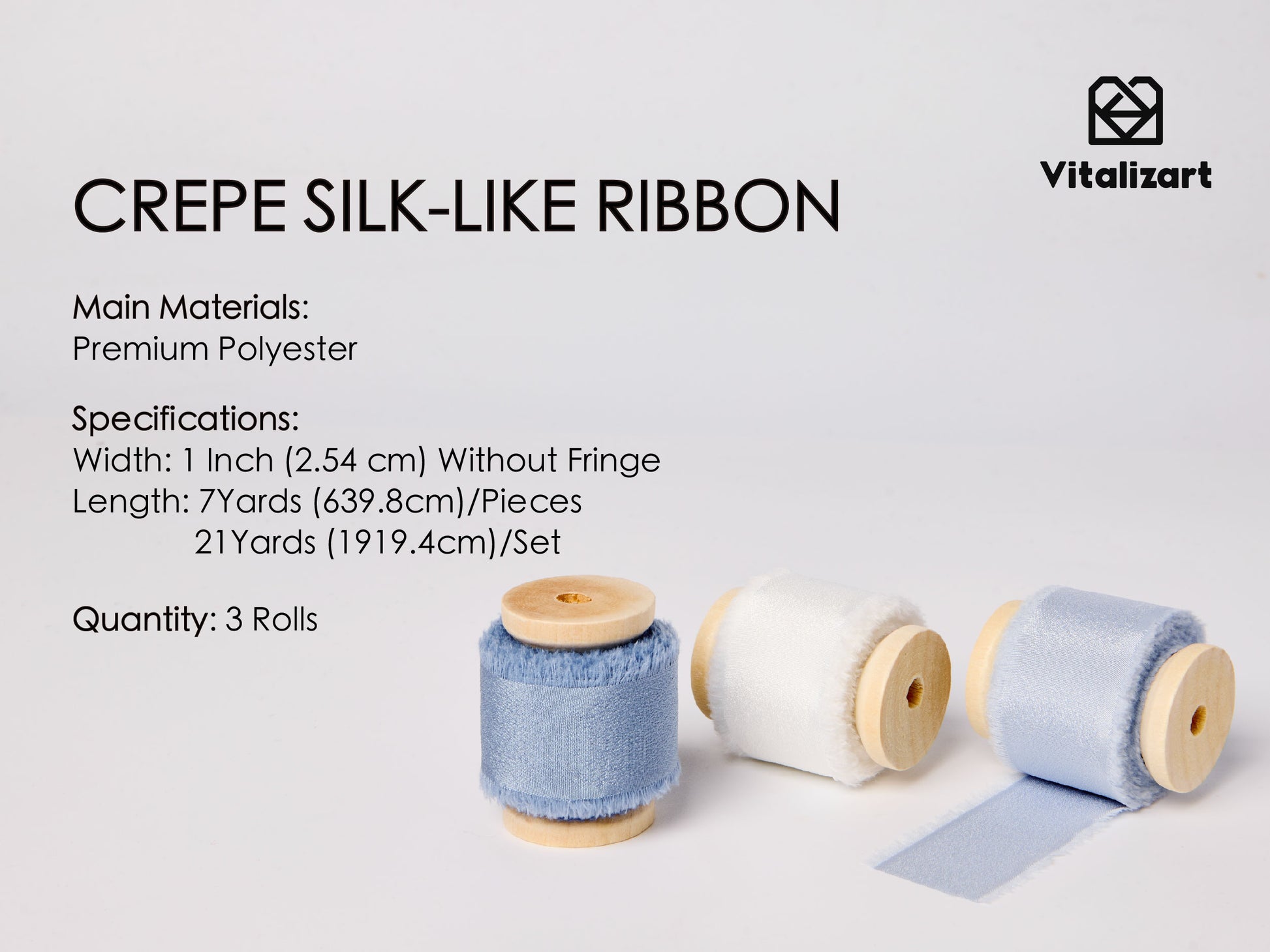 Frayed Fringe Crepe Silk Satin Ribbon 1" x 21 Yard (Blue & White) - Vitalizart