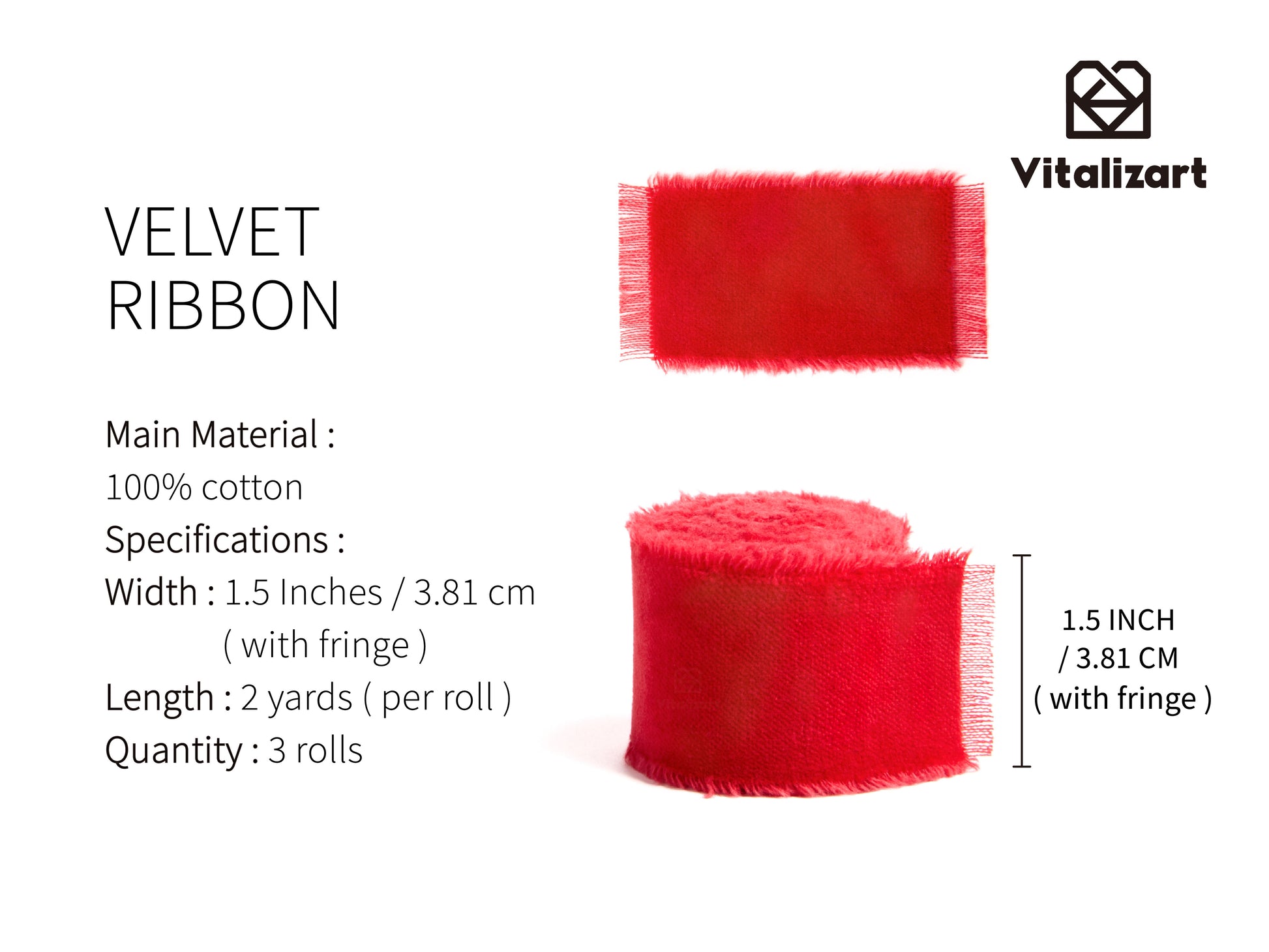 Frayed Fringe Velvet Ribbon for Christmas 1.5" x 6 Yd (Burgundy Red) - Vitalizart